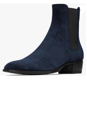 FOWT Deep Blue Men Fashion Round Toe Block Low Heel Stretchy Pull On Ankle Boots